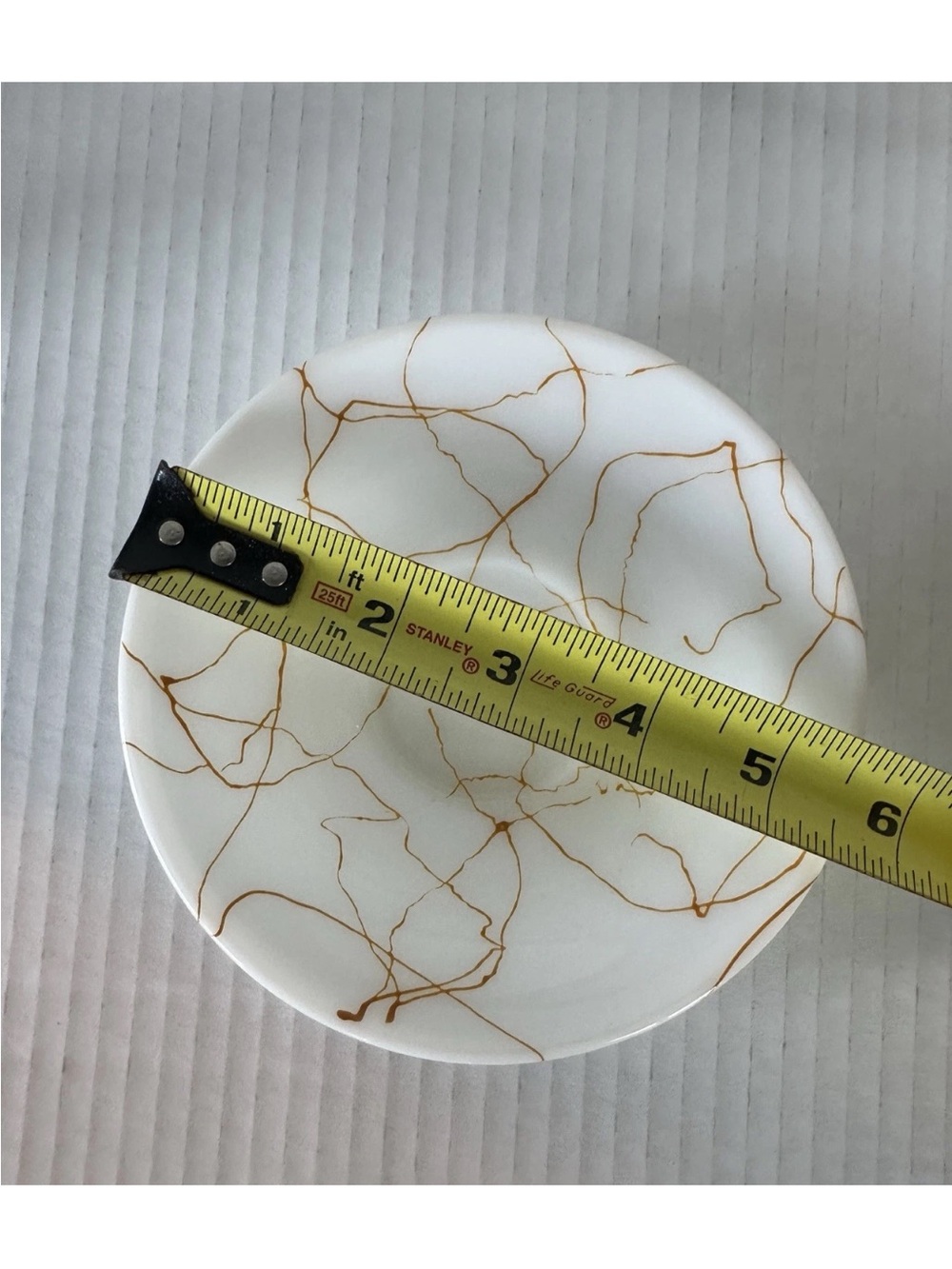 Hazel Atlas White Glass Butterscotch Drizzle String Cup (5) & (5) Saucers - Picture 5 of 9